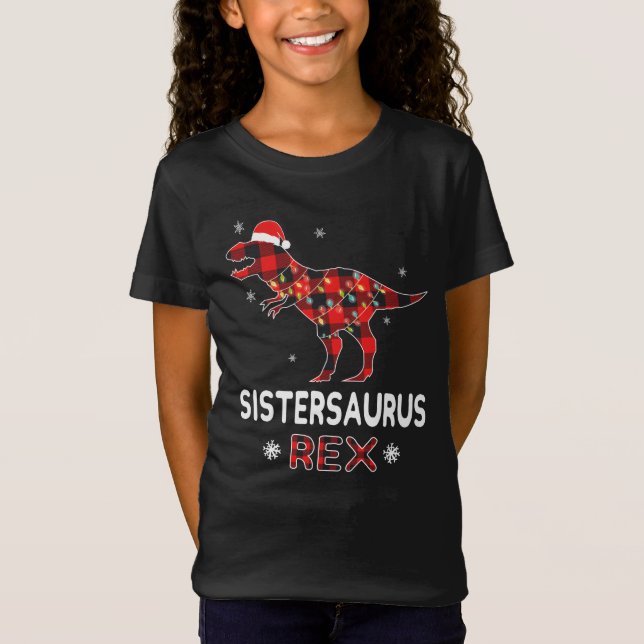 Camiseta Irmã T-Rex Xadrez Vermelha Buffalo Dinossauro de N (Frente)
