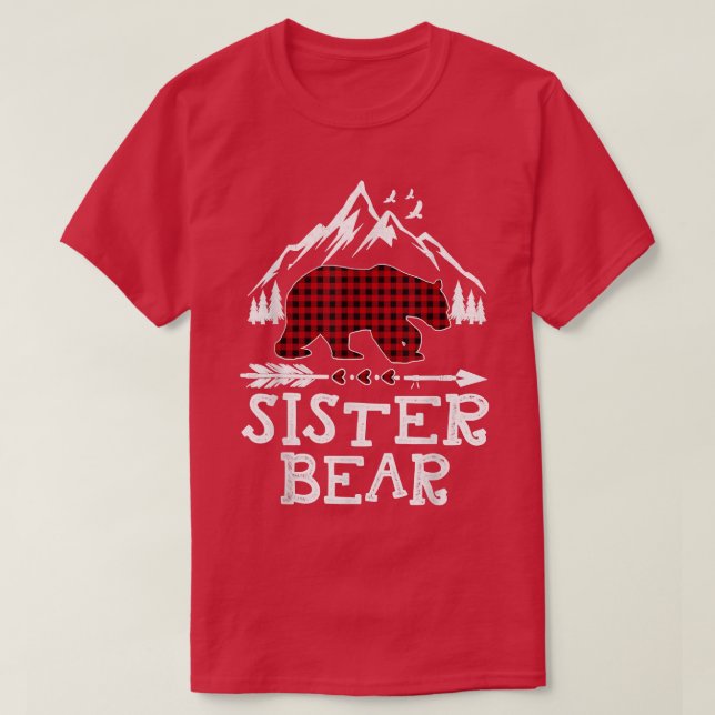 Camiseta Irmã Urso Natal Pajama Xadrez Vermelha Búfalo (Frente do Design)