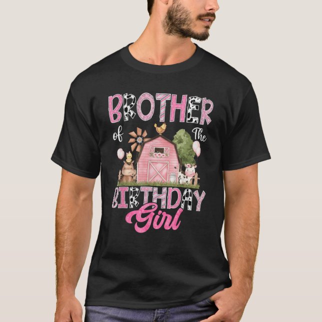 Camiseta Irmão Da Garota De Aniversário Fazenda Vaca Rosa 1 (Frente)