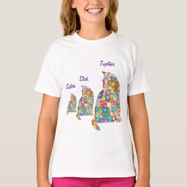 Camiseta Irmãs Juntas 3 Gatinhos Gatinhos Flor (Frente)