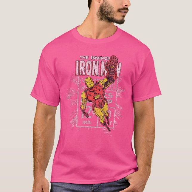 Camiseta Iron Man Retro Comic Book Stamp Flying Pose funny (Frente)
