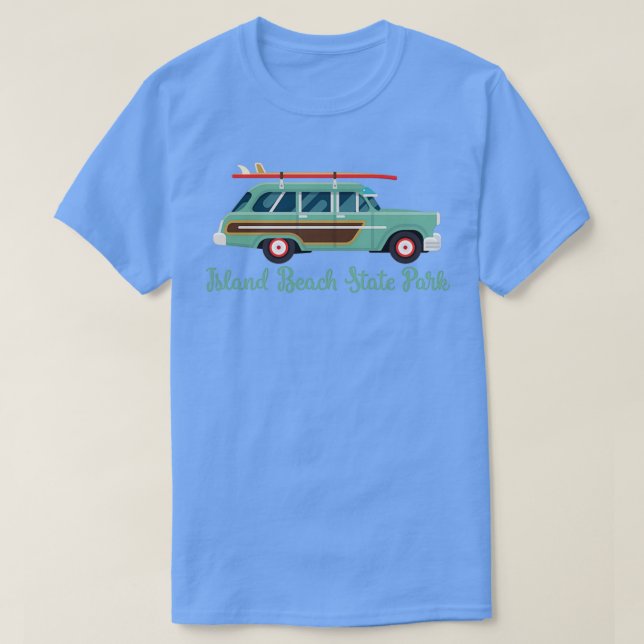 Camiseta Island Beach State Park NJ Retro Surf Wagon (Frente do Design)