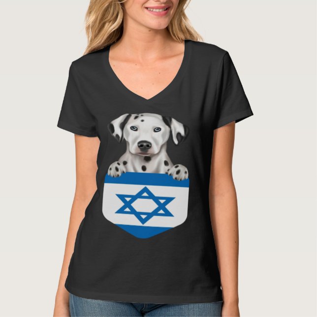Camiseta Israel Flag Dalmatian Dog In Pocket (Frente)