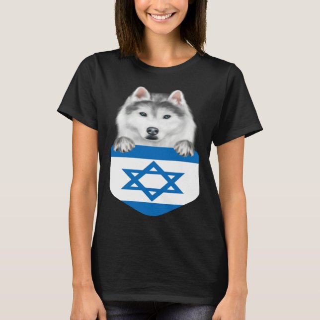 Camiseta Israel Flag Siberian Husky Dog In Pocket (Frente)