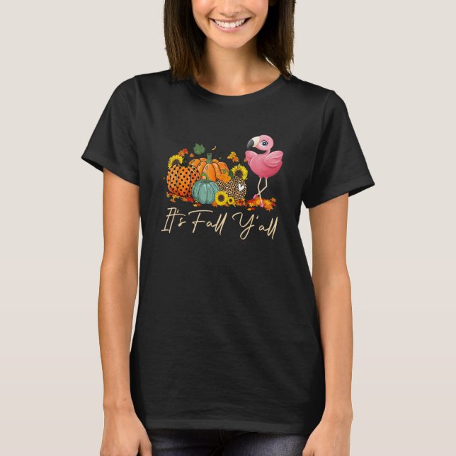 Camiseta It s Fall Y all Flamingo Leopard Pumpkin Halloween (Frente)