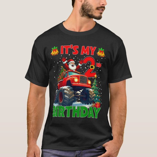 Camiseta It’s My 2nd Birthday Xmas Santa Monster Truck Chri (Frente)