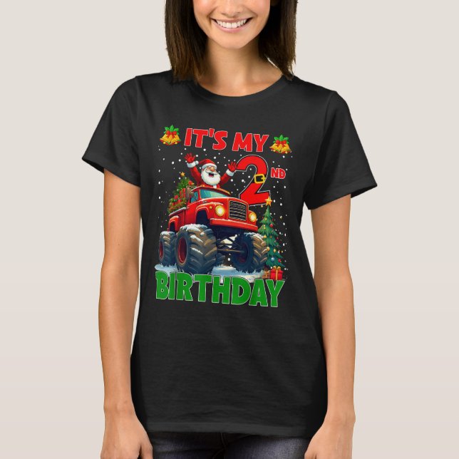 Camiseta It’s My 2nd Birthday Xmas Santa Monster Truck Chri (Frente)