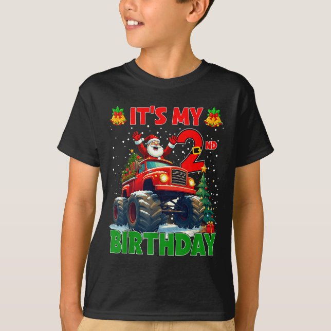 Camiseta It’s My 2nd Birthday Xmas Santa Monster Truck Chri (Frente)
