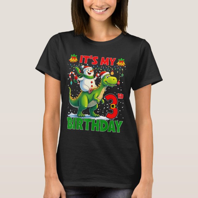 Camiseta It’s My 3rd Birthday Xmas Snowman Riding Dinosaur  (Frente)