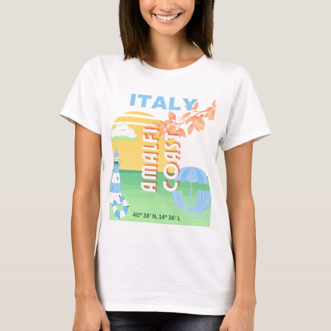 Camiseta Itália Viagem Art, Costa Amalfi, Pré-Disquete, Azu (Frente)