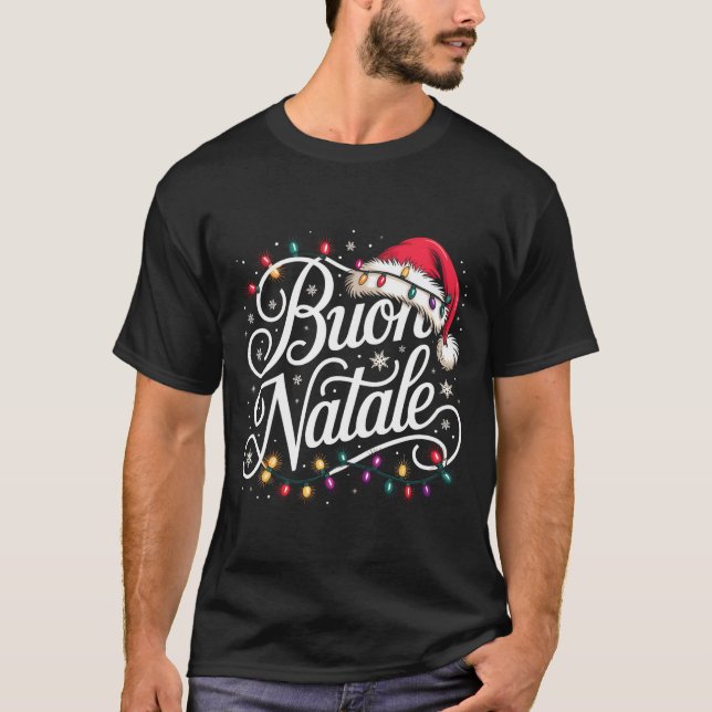 Camiseta Italian Family Christmas Lights Red Santa Hat Buon (Frente)