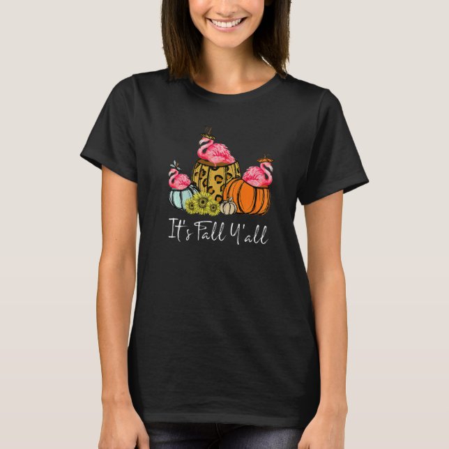 Camiseta It's Fall Yall Flamingo  Leopard Pumpkin Falling A (Frente)