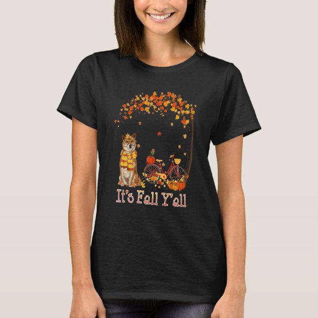 Camiseta It's Fall Y'all Shiba Inu Bike Pumpkin Spice Autum (Frente)