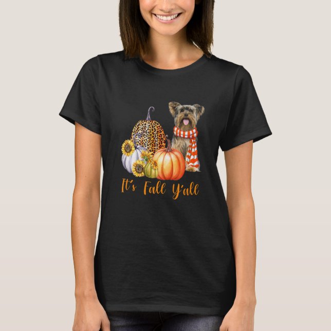 Camiseta It's Fall Y'all Yorkie Dog Leopard Pumpkin Fall (Frente)