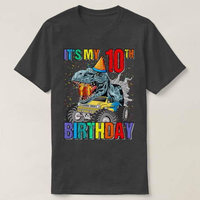 Camiseta It's My 10th Birthday Monster Truck Dinosaur Boys  (Frente do Design)