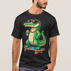 Camiseta Jacaré Engraçado Skateboard Crocodilo Legal Café