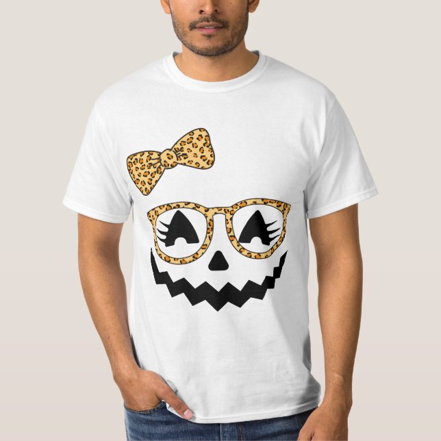Camiseta Jack O Lantern Face Pumpkin Halloween Leopard Prin (Frente)