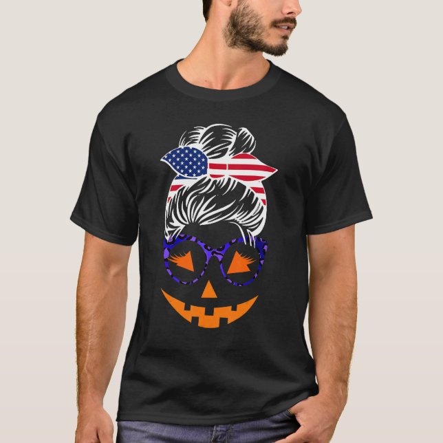 Camiseta Jack O Lantern Face Pumpkin Halloween Messy Bun (Frente)