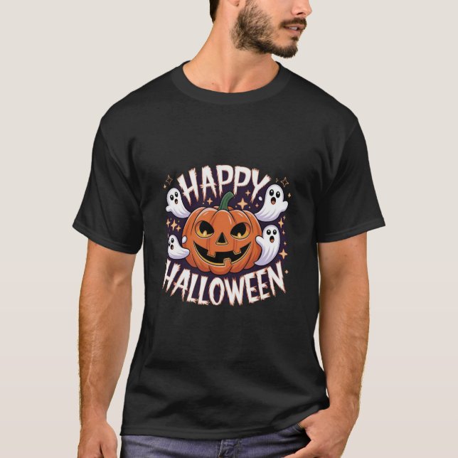 Camiseta Jack-O-Lanterna e Fantasmas Diversão do Halloween (Frente)