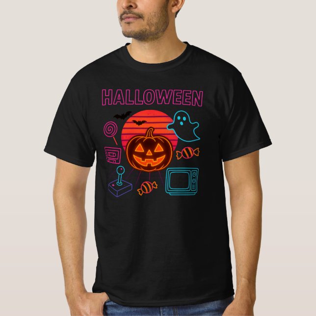 Camiseta Jack-O-Lanterna Neon Halloween Roupas Unisex (Frente)