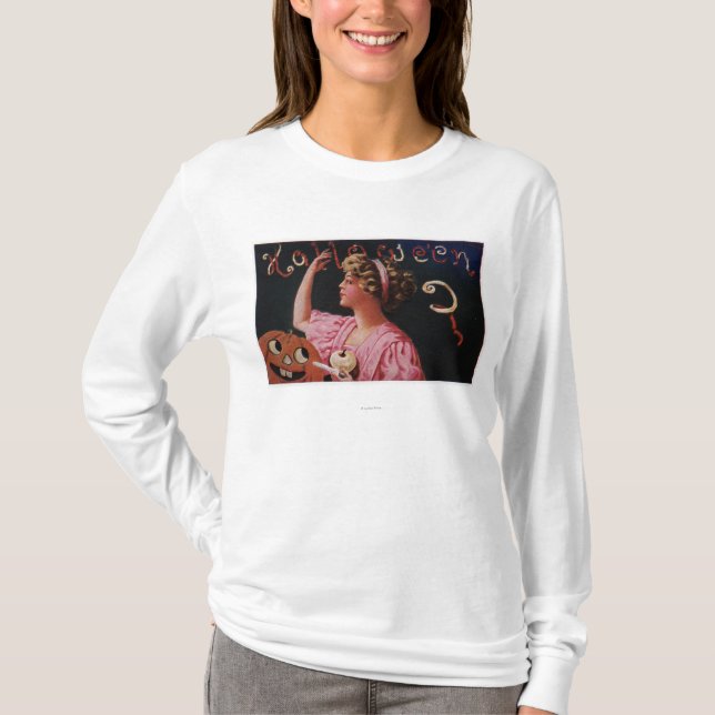 Camiseta Jack-O-Lanterna pela mulher que descasca Apple (Frente)