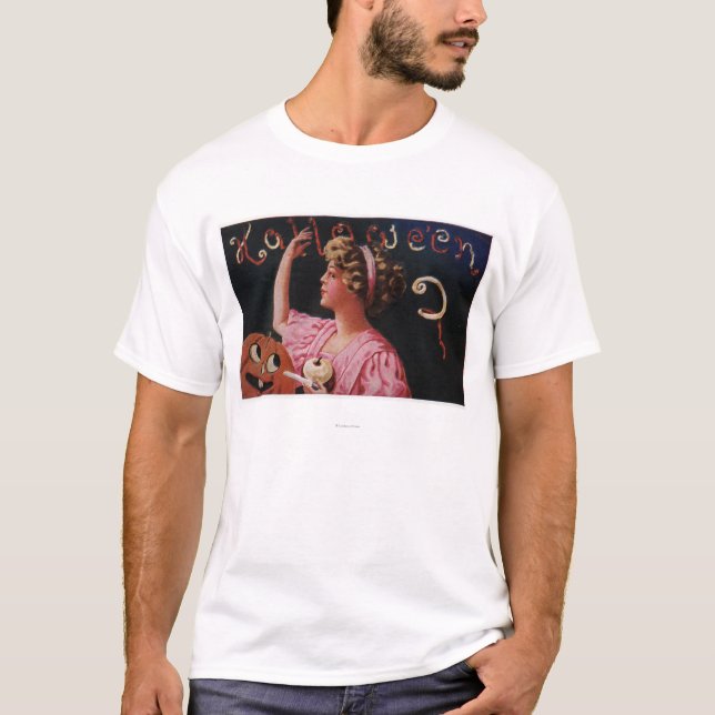 Camiseta Jack-O-Lanterna pela mulher que descasca Apple (Frente)