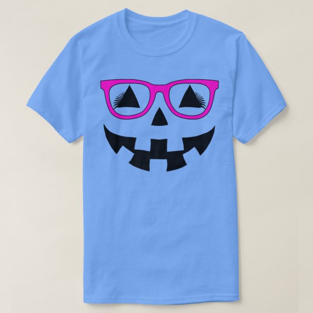 Camiseta Jack O Lanterna Pumpkin Face Óculos Rosa Pisca Ha (Frente do Design)