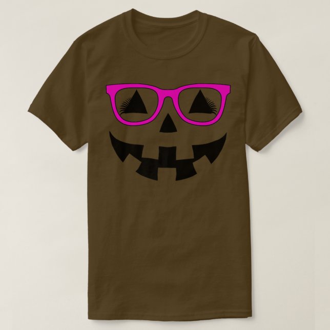 Camiseta Jack O Lanterna Pumpkin Face Óculos Rosa Pisca Ha (Frente do Design)
