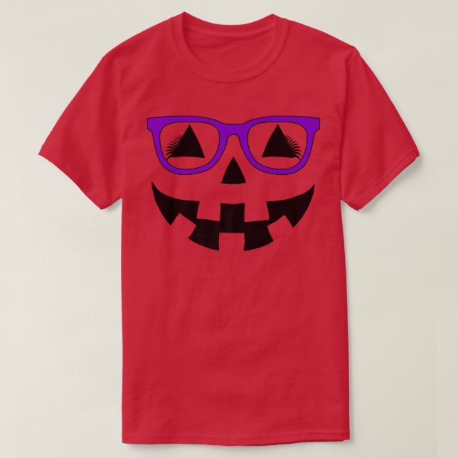 Camiseta Jack O Lanterna Pumpkin Face Óculos Roxos (Frente do Design)