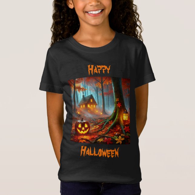 Camiseta Jack O'Lantern em Floresta Spooky no Dia das Bruxa (Frente)