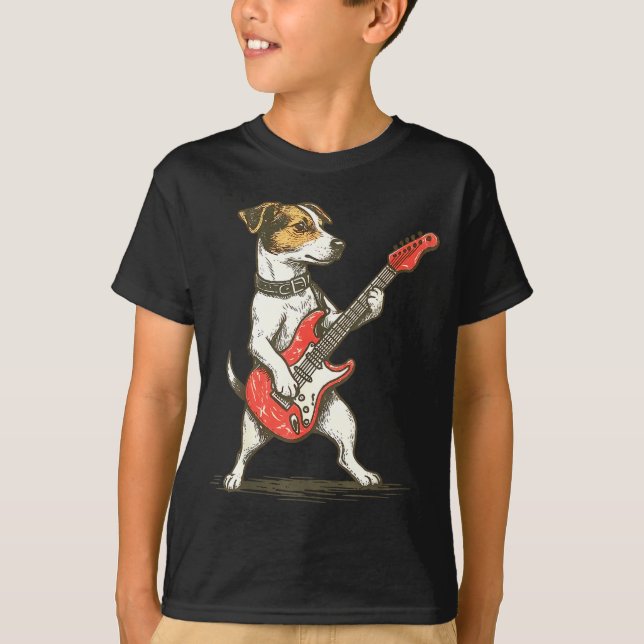 Camiseta Jack Russell Terrier Dog Playing Guitar Rocker Gui (Frente)