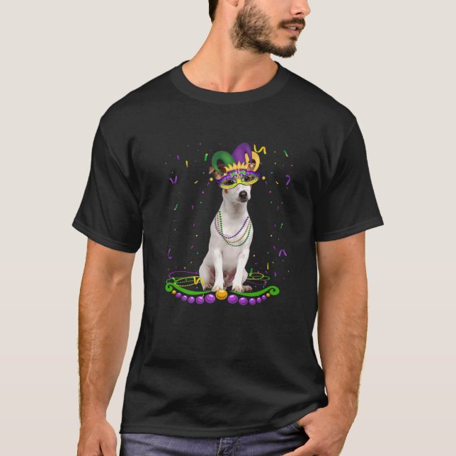 Camiseta Jack Russell Usando Máscara de Carnaval Cães de Ma (Frente)