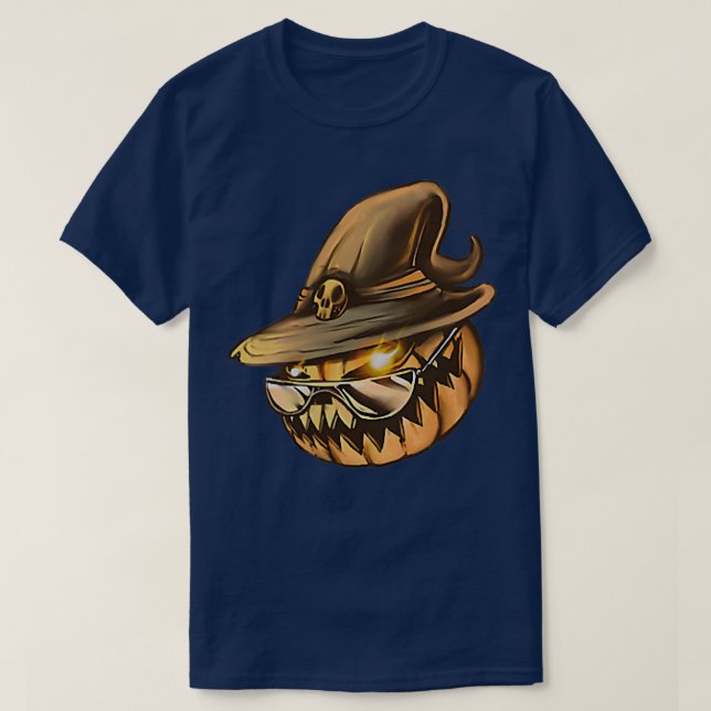 Camiseta JackoLanterna Vestindo Óculos-Sol Estranho Pumpk L (Frente do Design)