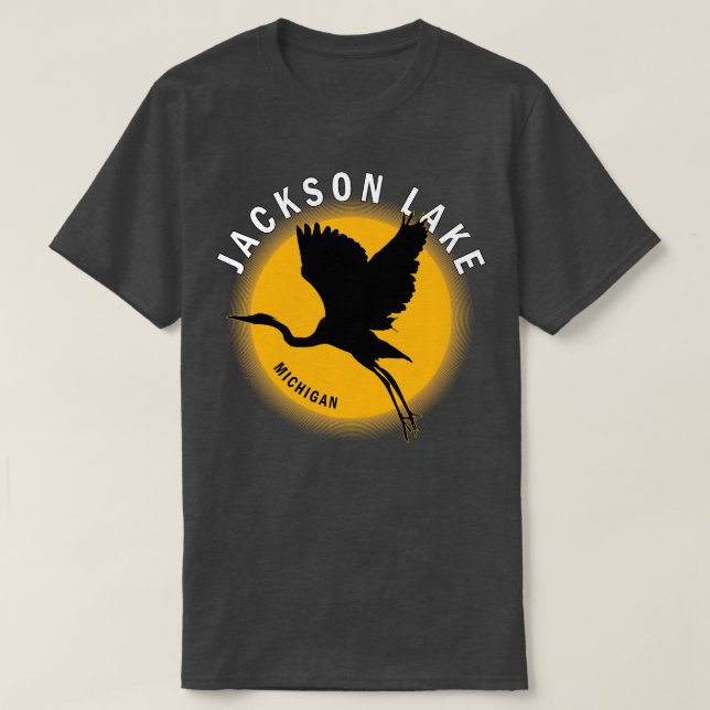 Camiseta Jackson Lake em Michigan Heron Sunrise (Frente do Design)