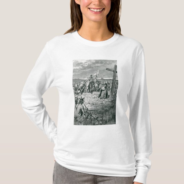 Camiseta Jacques Cartier que setting-up uma cruz em Gaspe (Frente)