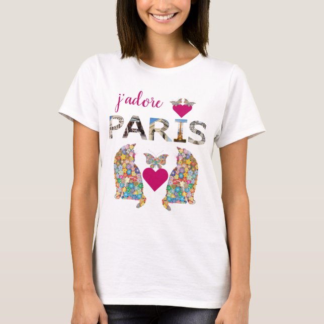 Camiseta J'adore Paris, Cats in Love, Hearts Butterflies (Frente)