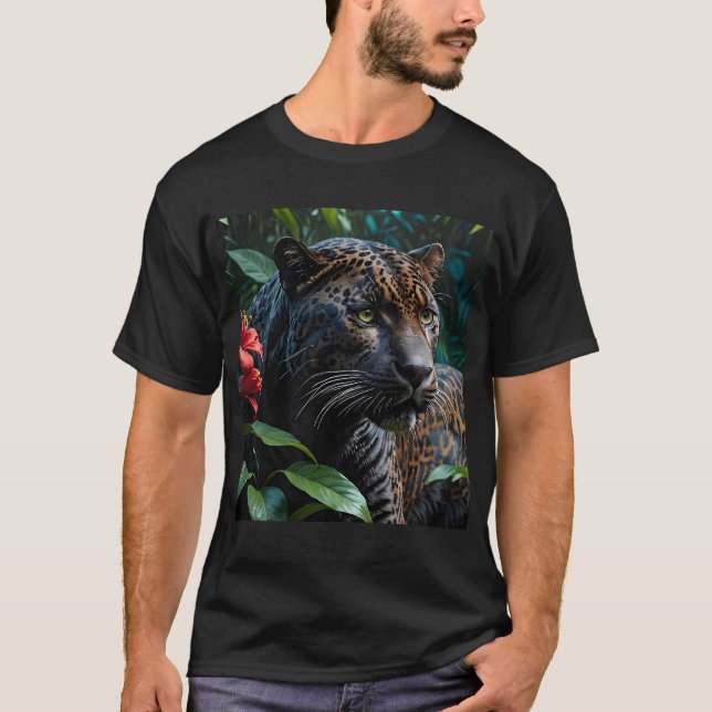 Camiseta Jaguar melanístico nas flores vermelhas da selva (Frente)