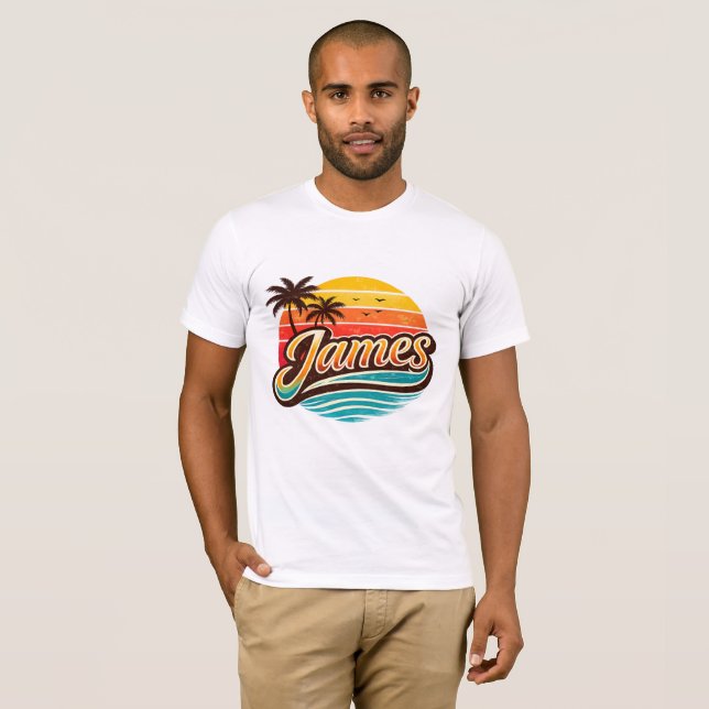 Camiseta James Retro Sunset Tropical Name Design (Frente Completa)