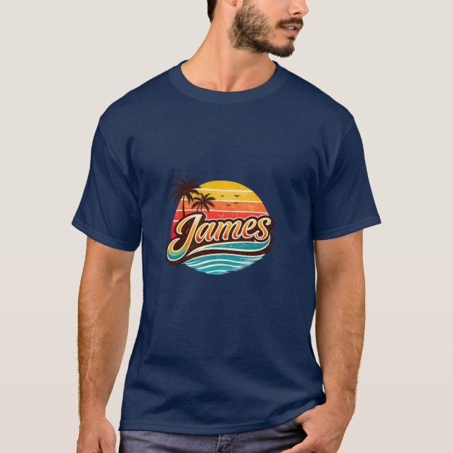 Camiseta James Retro Sunset Tropical Nome Design (Frente)