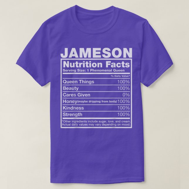 Camiseta Jameson Nutrition FactsJameson Name Birthday (Frente do Design)