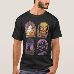 Camiseta Janela Gótica de Halloween Fantasma Abóbora Gato P