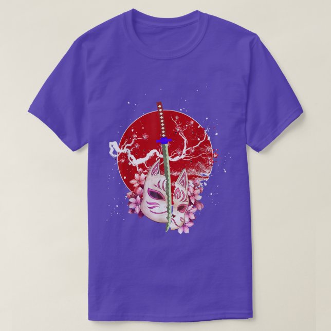 Camiseta Japan Anime Mask Kitsune Sakura Samurai Oni Monste (Frente do Design)