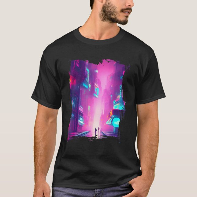 Camiseta Japan Pink Blue Lights Vaporwave City (Frente)