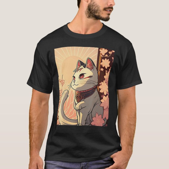 Camiseta Japanese Aesthetic Cute cat japan Sakura Cherry Bl (Frente)