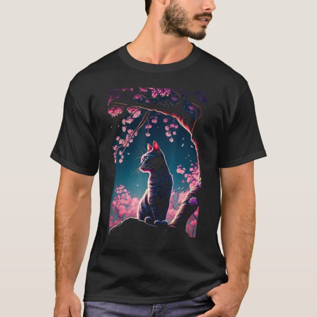 Camiseta Japanese Aesthetic Sakura Cherry Blossoms cute cat (Frente)