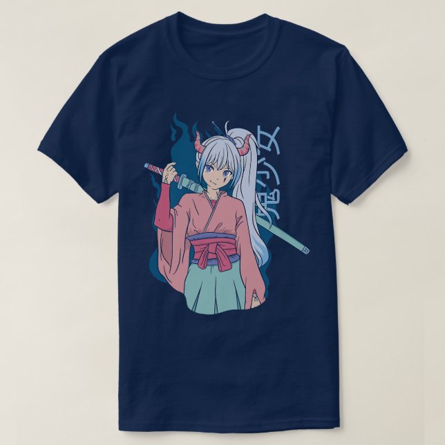 Camiseta Japanese Anime Demon Samurai Ninja Girl Katana Swo (Frente do Design)