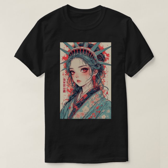 Camiseta Japanese Anime Lady Liberty Anime Girl Fantasy Art (Frente do Design)