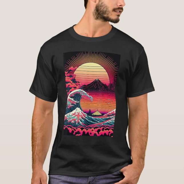 Camiseta Japanese Art Ukiyo-e Style Retrowave Great Wave Of (Frente)