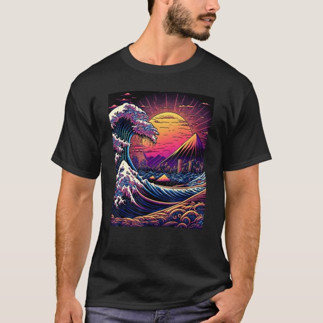 Camiseta Japanese Art Ukiyo-e Style Retrowave Great Wave Of (Frente)