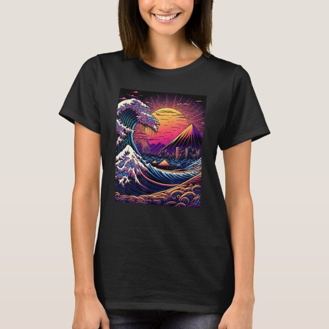 Camiseta Japanese Art Ukiyo-e Style Retrowave Great Wave Of (Frente)